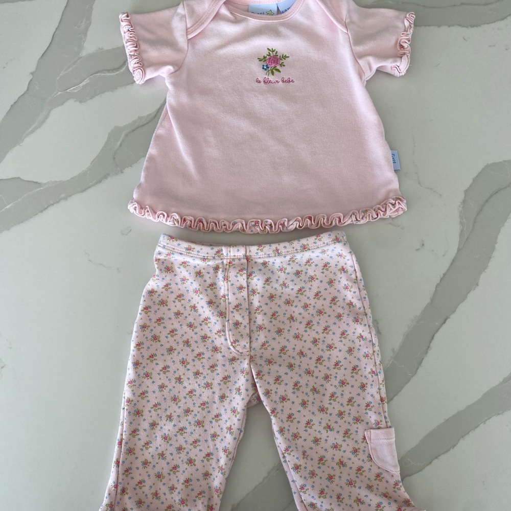 Vintage cottage core First Moments Floral Embroidered Ruffle Top & Pants Set